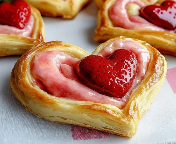 Valentine's Day cheese danish with strawberry cream cheese hearts on a plate