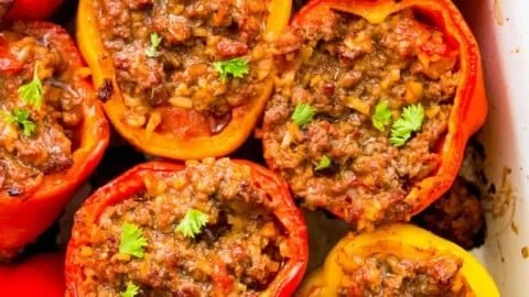 Whole30 stuffed peppers filled with healthy ingredients and spices.