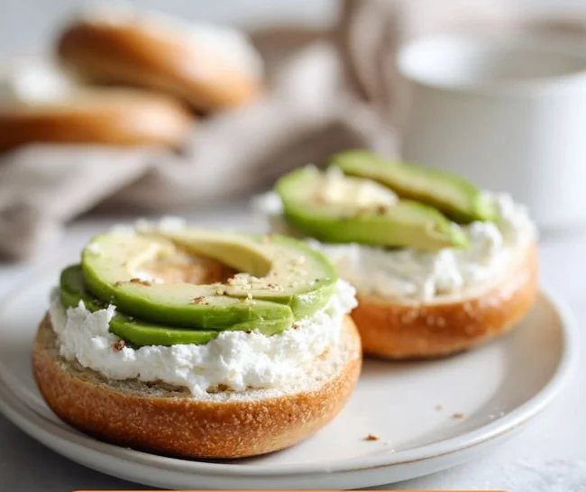Homemade cottage cheese bagels on a plate with toppings