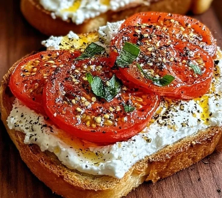 5-Ingredient Ricotta and Tomato Sourdough Toast garnished with fresh basil