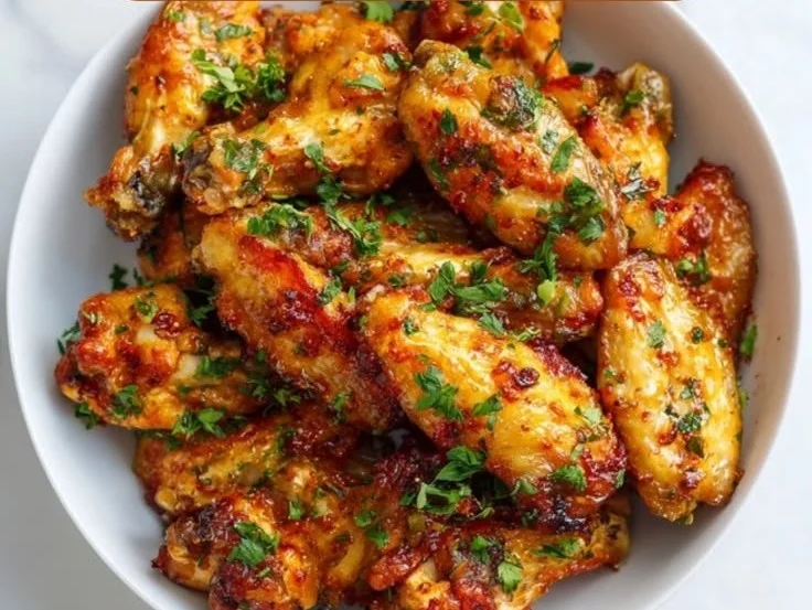 Crispy air fryer chicken wings served with dipping sauce on a plate.