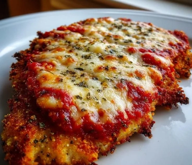 Delicious Keto Chicken Parmesan served with fresh basil and low-carb ingredients.