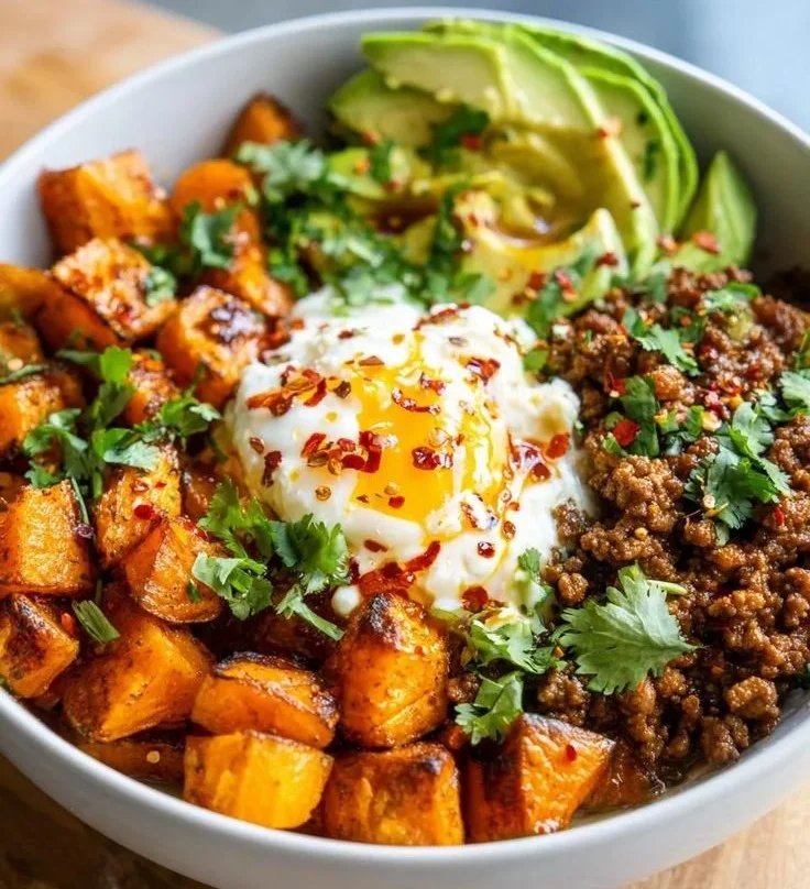 High protein ground beef power bowl with 45g protein, healthy and delicious meal.