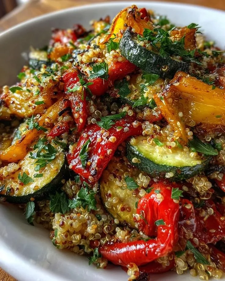 A vibrant quinoa salad with roasted veggies, showcasing fresh ingredients and colors.