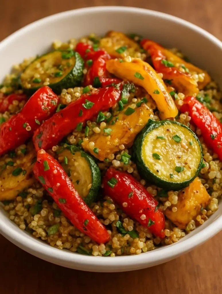 A colorful quinoa salad with roasted vegetables and fresh herbs served in a bowl.