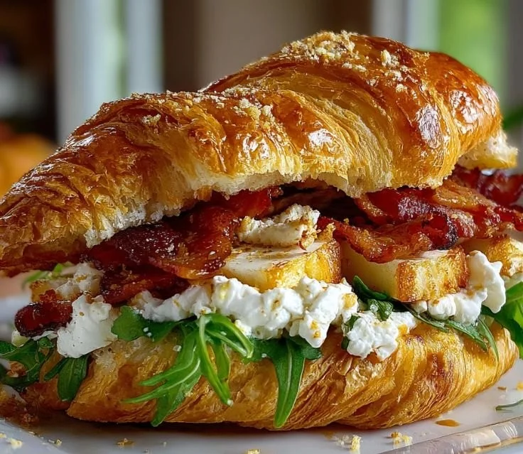 Delicious apple and goat cheese croissant sandwich on a plate.