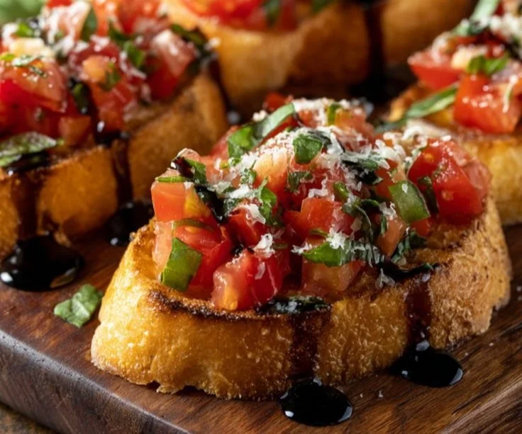 Plate of authentic Italian bruschetta topped with tomatoes and basil.
