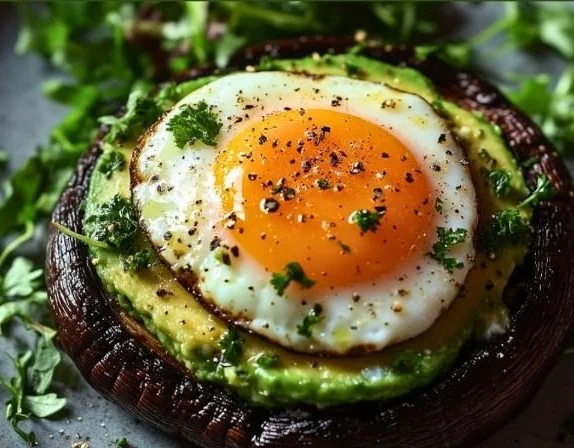 Avocado Egg Stuffed Portobello Mushrooms served on a plate