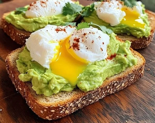 Delicious avocado toast topped with a perfectly poached egg on a wooden plate.