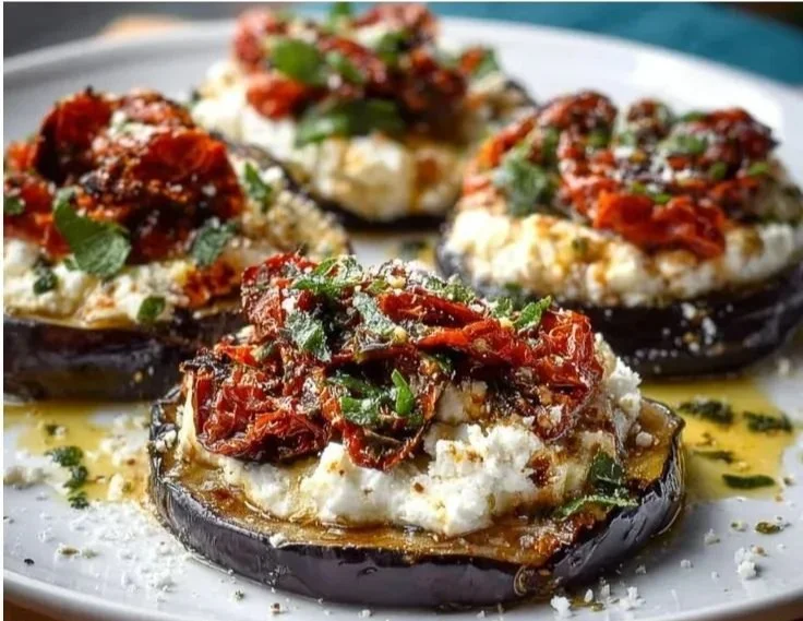 Baked eggplant slices topped with ricotta cheese, fresh herbs, and seasoning.