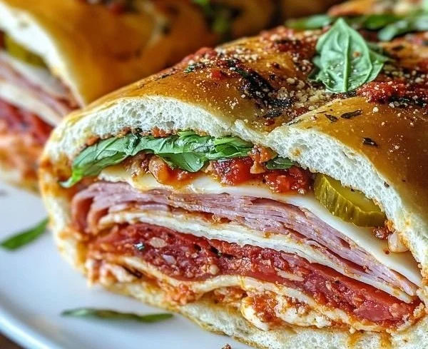 Baked Italian grinder sandwiches with melted cheese and flavorful fillings