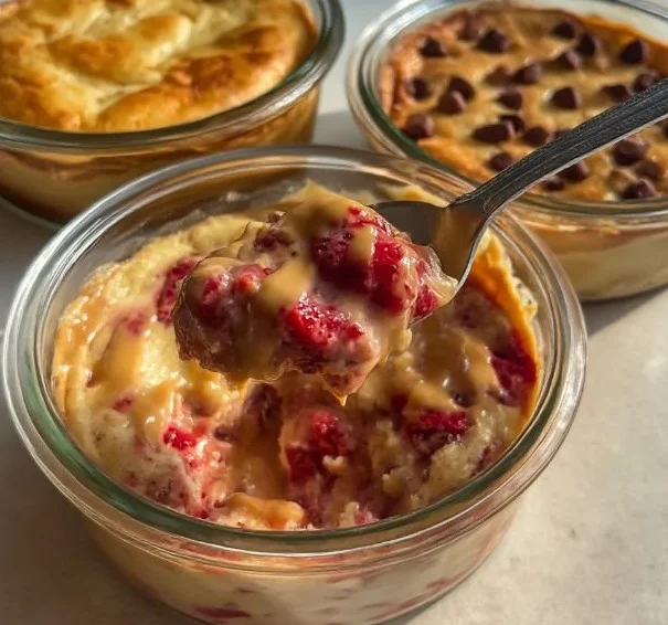 Delicious baked protein pancake bowls topped with fresh fruits and nuts