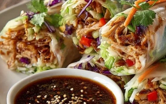 Bang Bang Chicken Rice Paper Rolls filled with fresh ingredients