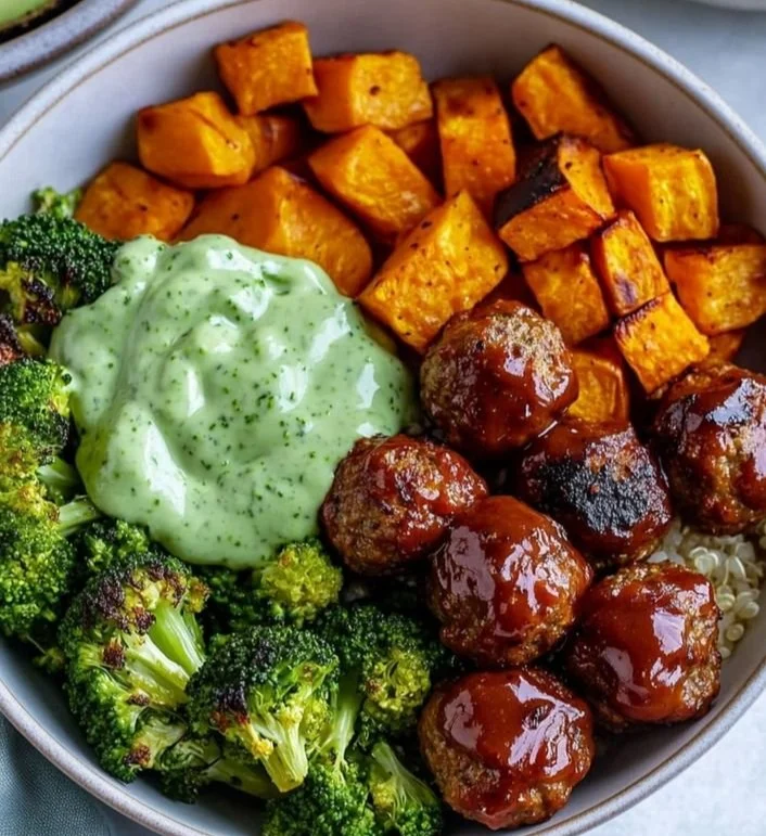Delicious Barbecue Meatball Bowls topped with Avocado Goddess Sauce