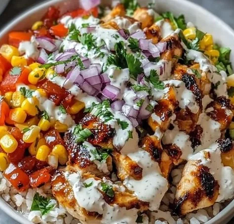 BBQ Chicken Ranch Bowl with grilled chicken, ranch sauce, and mixed vegetables