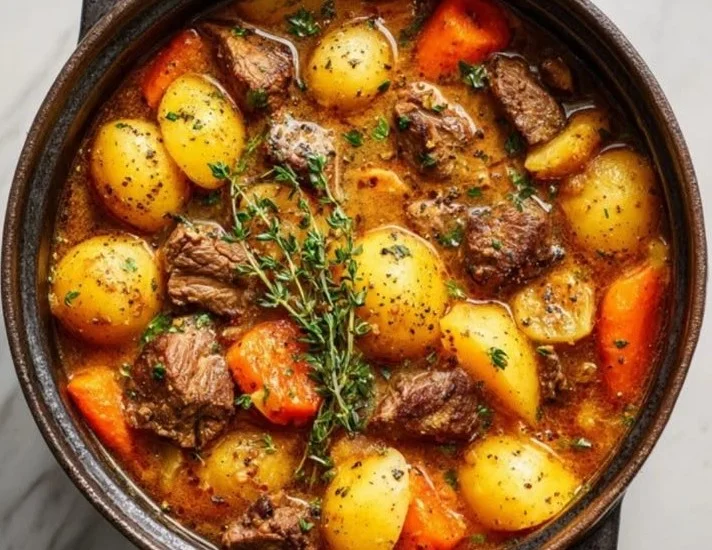 Bowl of hearty beef potato stew with fresh herbs and vegetables