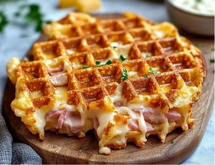 Crunchy ham cheese chaffles served on a plate, garnished and ready to eat.