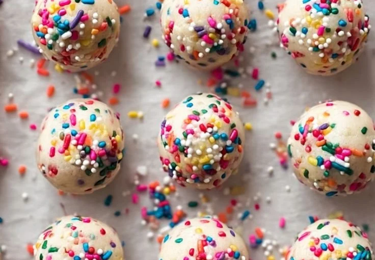 Homemade birthday cake batter protein balls topped with sprinkles
