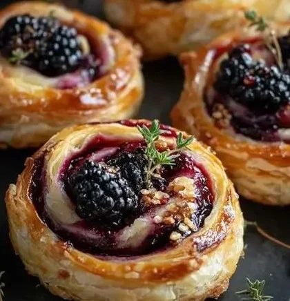 Delicious blackberry brie pastry swirls on a wooden serving platter.