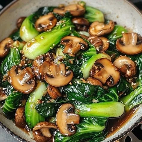 Delicious Bok Choy and Mushroom Stir Fry dish served in a bowl