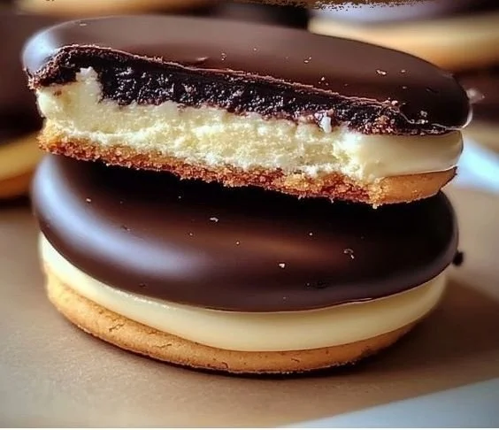 Delicious Boston Cream Pie Cookies topped with creamy chocolate and vanilla filling