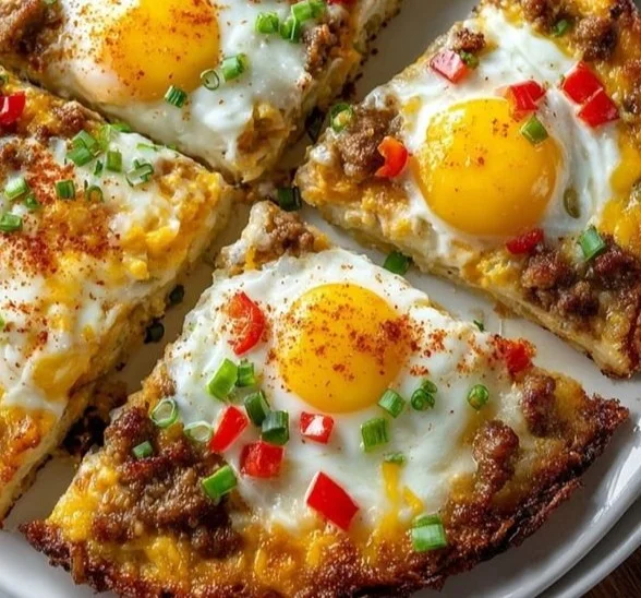 Breakfast pizza with hash brown crust topped with eggs and cheese