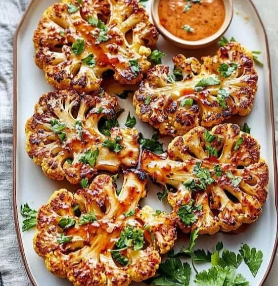 Buffalo cauliflower steaks grilled to perfection, served with a spicy sauce.