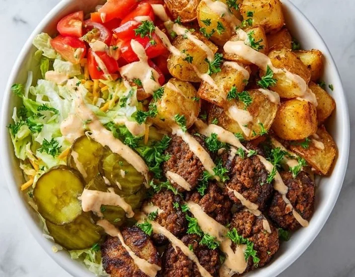 Delicious burger bowls served with crispy potatoes on the side.