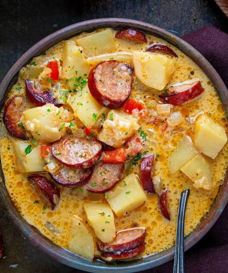 Bowl of flavorful Cajun Potato Soup garnished with herbs