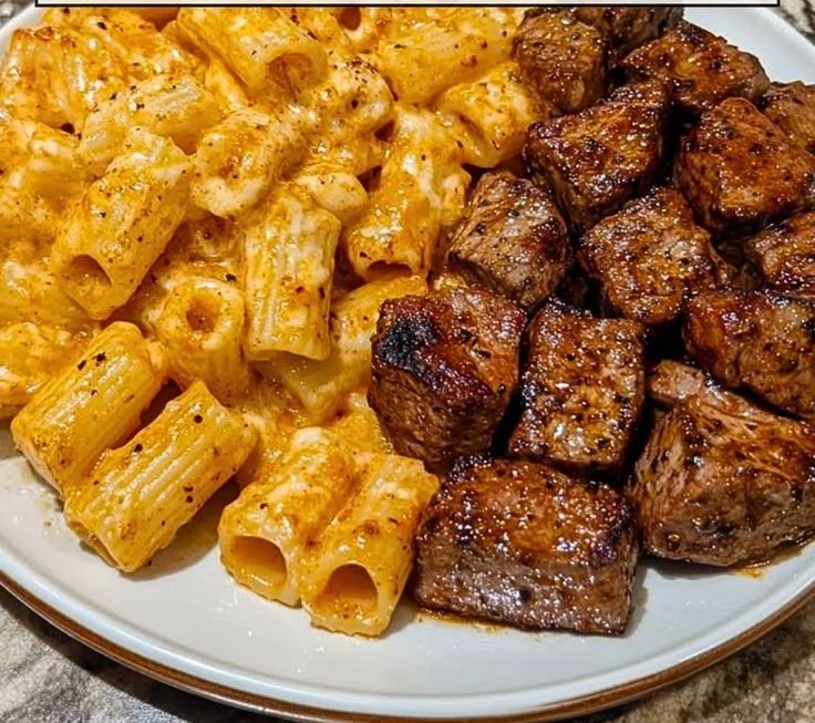 Cajun Steak Tips with Cheesy Rigatoni garnished with herbs
