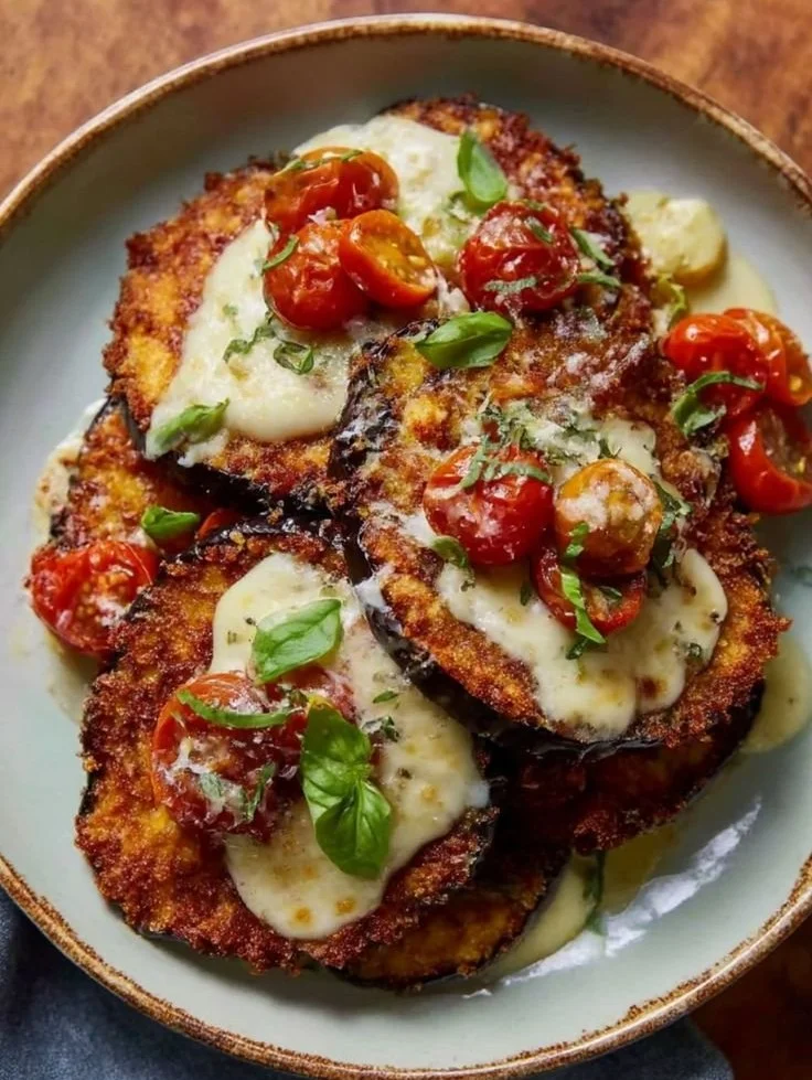 Delicious Charred Aubergine Parmigiana served with fresh basil and cheese