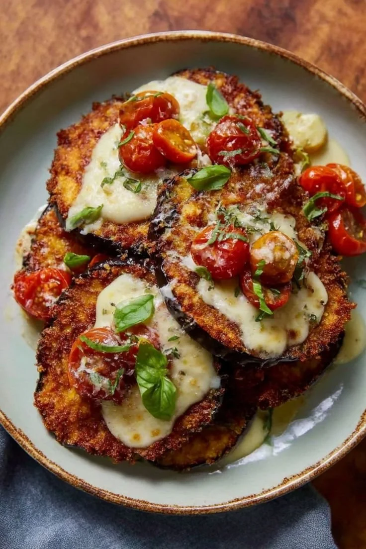 Delicious Charred Aubergine Parmigiana with layers of cheese and tomato sauce