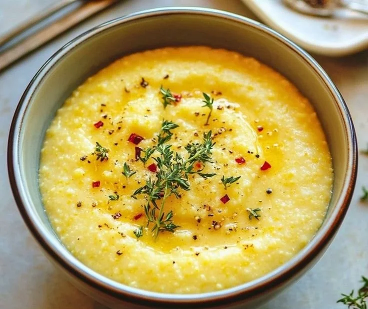 Cheesy garlic parmesan polenta served in a bowl, topped with herbs.