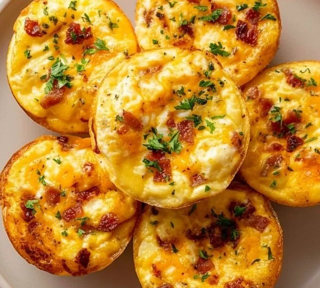 Cheesy muffin tin cottage cheese egg bites served on a plate