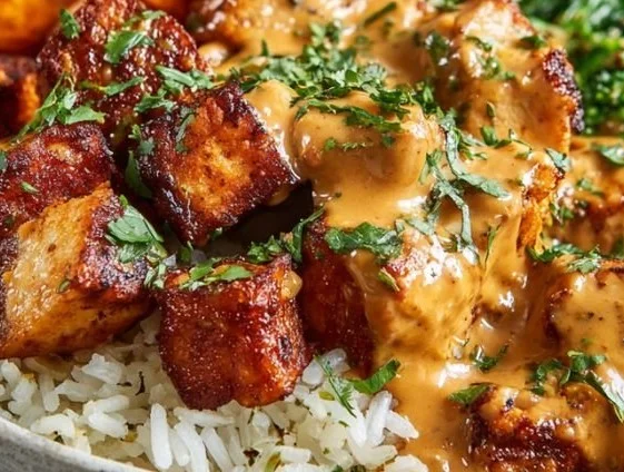 Delicious chicken and sweet potato bowls topped with fresh ingredients.
