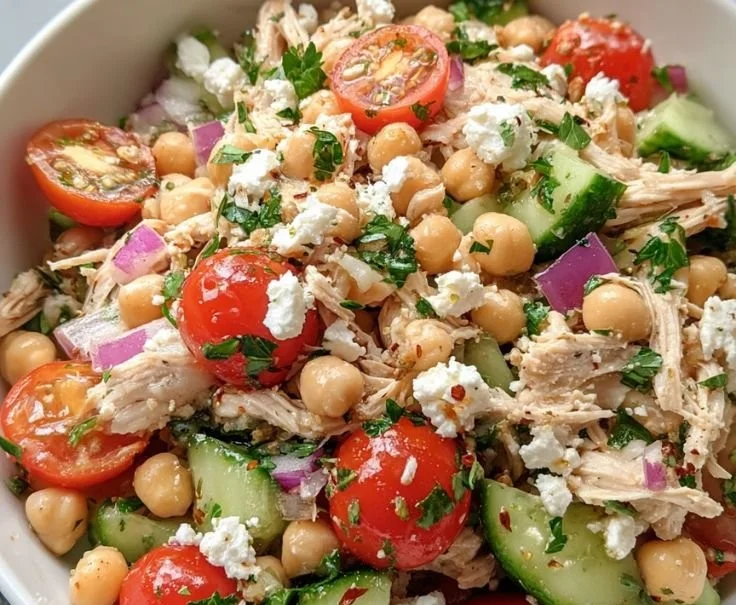 Healthy Chicken and Chickpea Salad with fresh vegetables