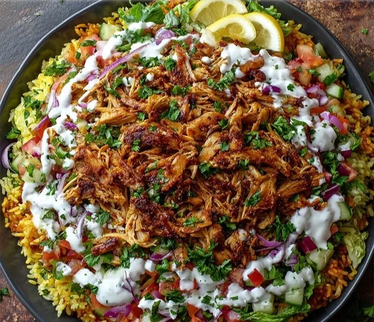 Chicken Shawarma Crispy Rice Salad served in a bowl with fresh ingredients