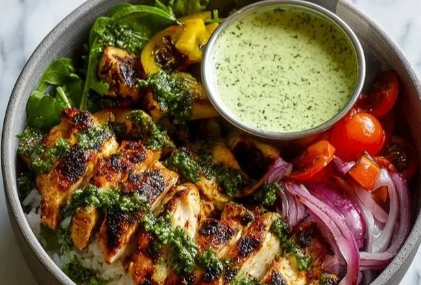 Chimichurri grilled chicken bowl with garlic sauce and fresh ingredients