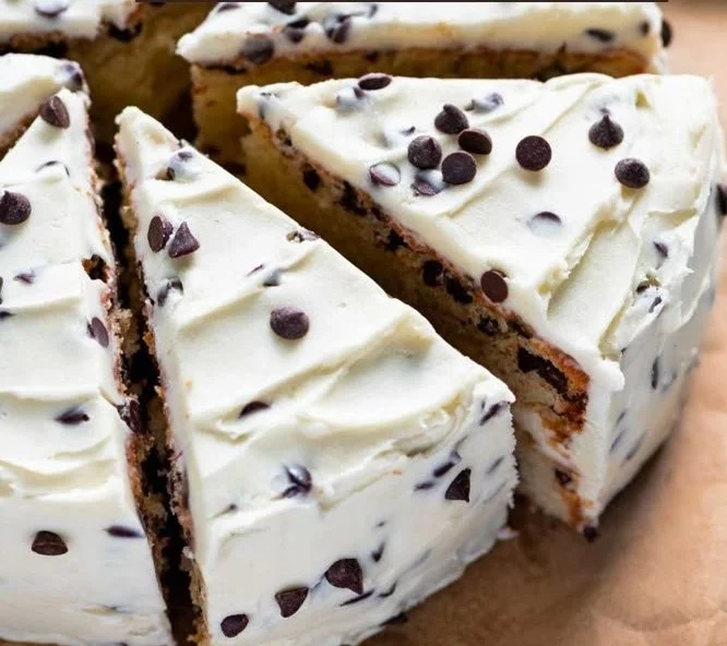 Delicious homemade Chocolate Chip Cake with chocolate chips and frosting