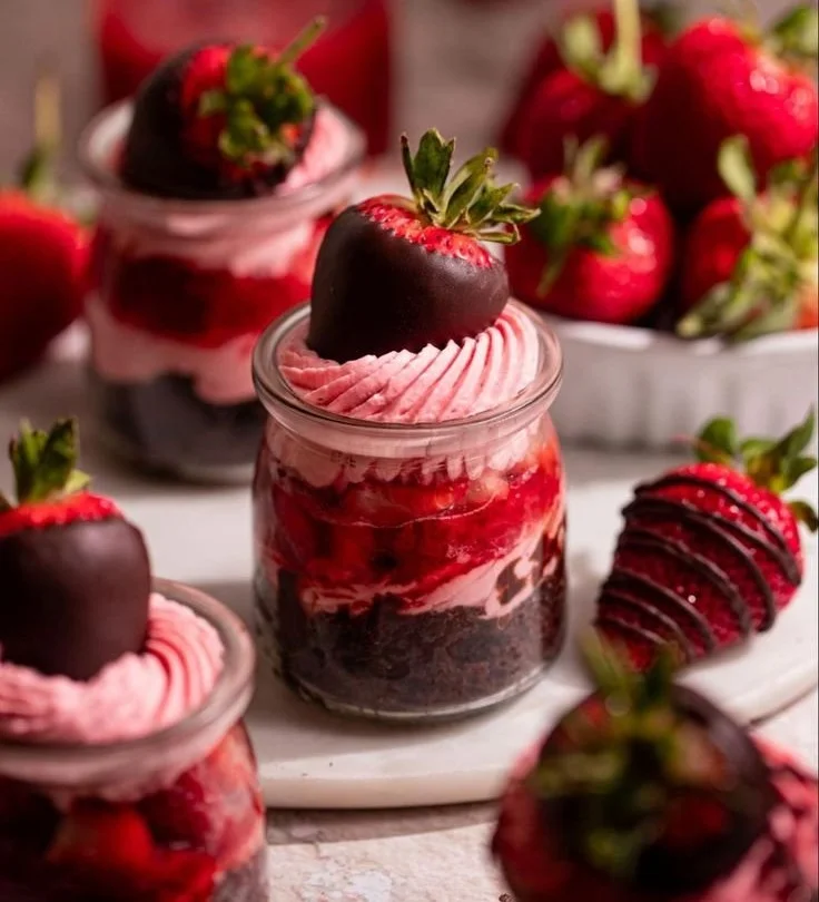 Chocolate Strawberry Mousse Cake Parfaits layered in elegant glass cups