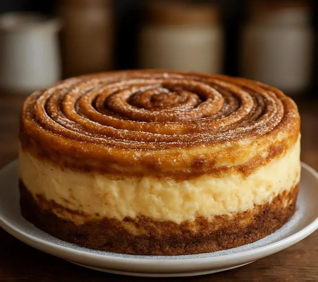 Delicious Cinnamon Roll Honeybun Cheesecake with swirls and cream topping