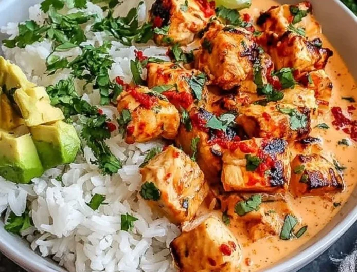 Coconut Chicken Rice Bowl with tender chicken and coconut-infused rice