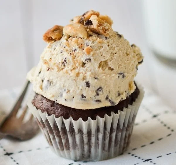 Delicious cookie dough frosting swirled on a cupcake