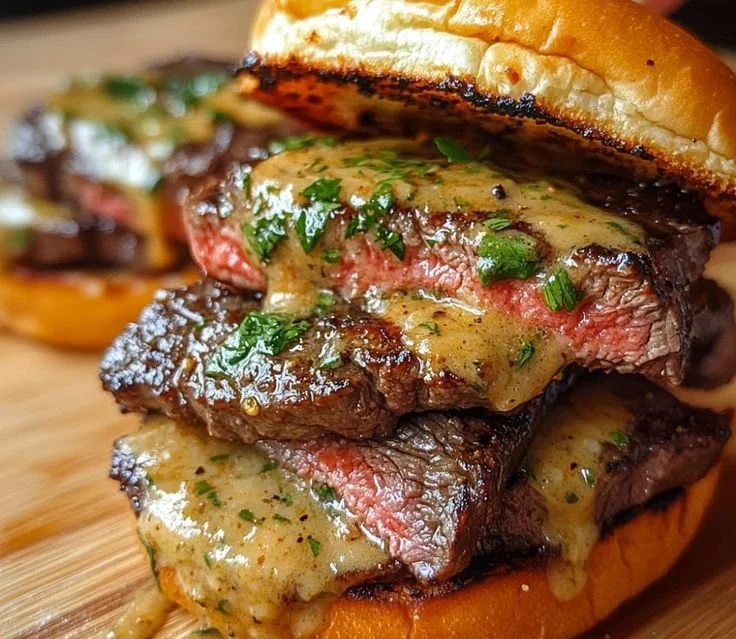 Delicious Cowboy Butter Steak Sliders served on a rustic platter.
