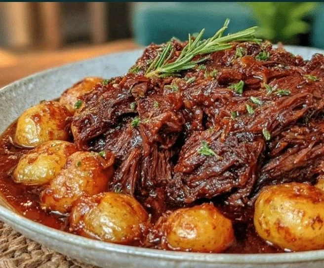 Cozy slow cooker pot roast with carrots and potatoes in a rustic bowl