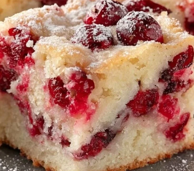 Delicious cranberry cake topped with fresh cranberries and icing