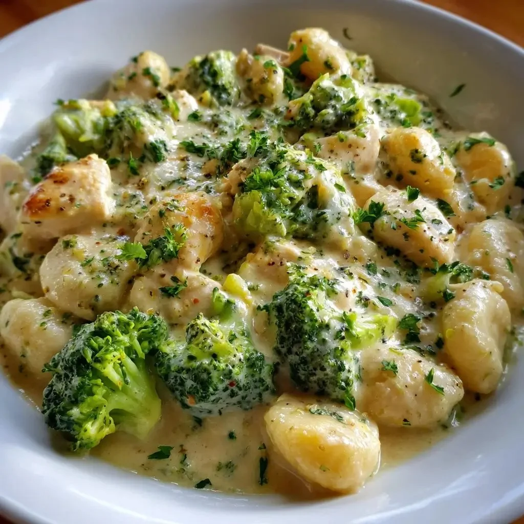 Creamy chicken and broccoli gnocchi dish served in a bowl