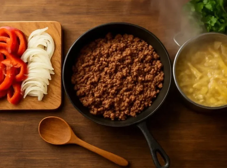 Creamy high protein beef pasta dish topped with herbs and parmesan cheese.