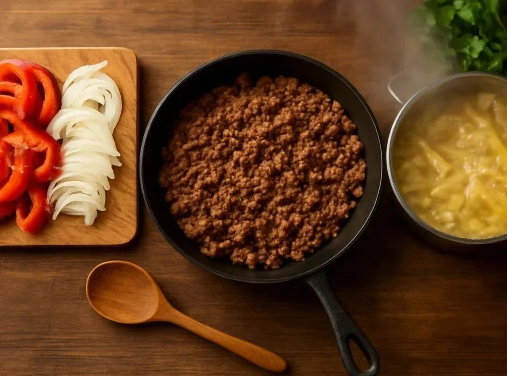 Creamy high protein beef pasta dish topped with herbs and parmesan cheese.