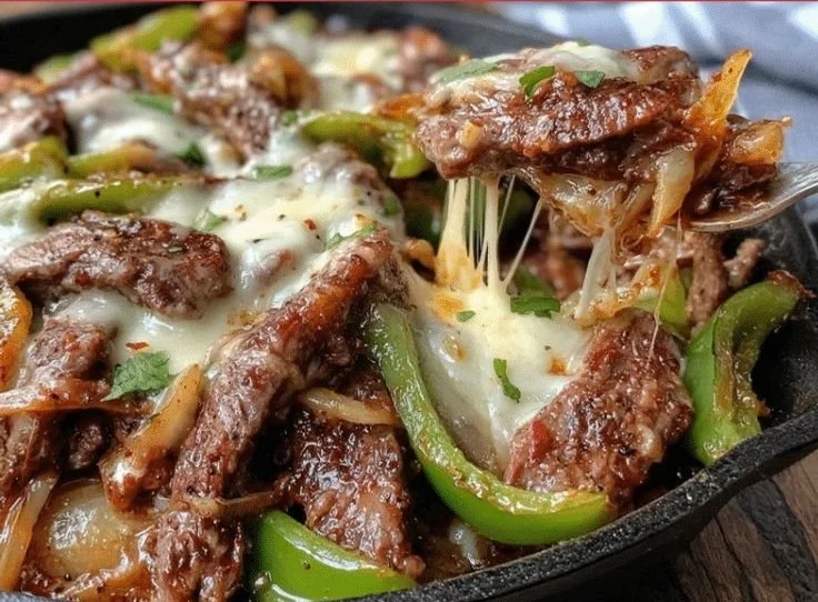 Creamy Keto Philly Cheesesteak Skillet topped with melted cheese and peppers